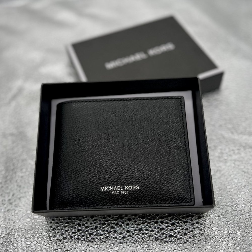 NWT Michael Kors Mens Hudson Pebbled Leather Slim Billfold Wallet Black